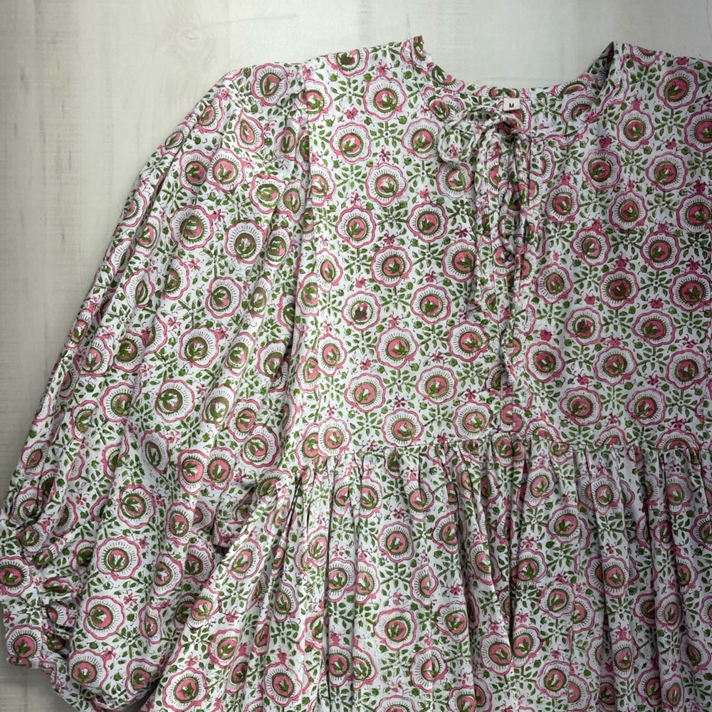 block print handmade India printed floral dress M Etsy pink green - Picture 3 of 8